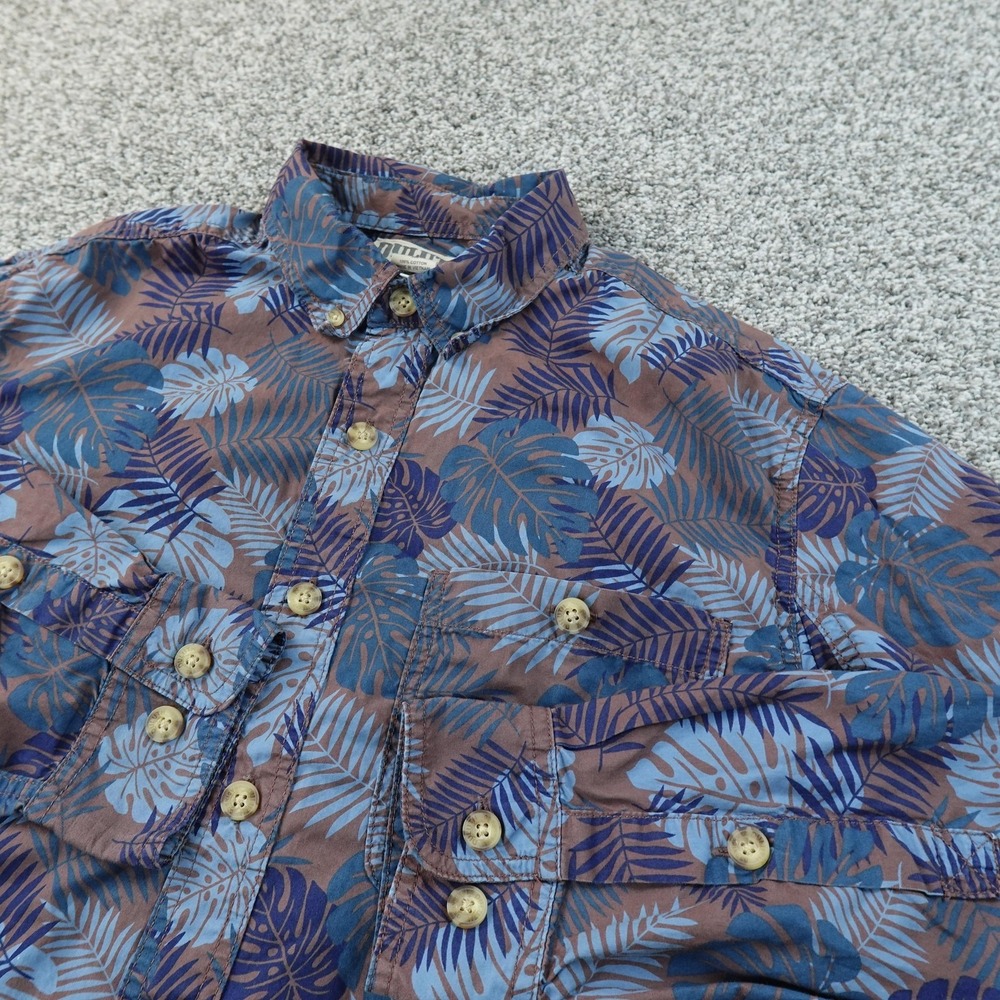 Duluth Trading Shirt Mens M Blue Brown Tropical Floral Button Up Long Sleeve Top